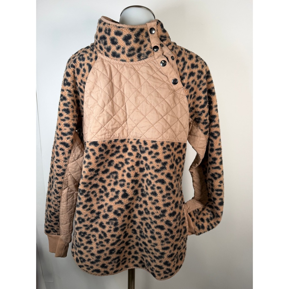 Abercrombie & Fitch Leopard Fleece Snap Funnel Neck Quilted Pullover Brown Tan M